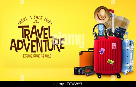 3D Travel Adventure Realistic Banner in Yellow Background Front View with Luggage Bags, Suitcase, Camera, Binoculars, Map, Magnifying Glass, Stock Vector