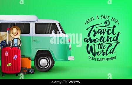 Travel Around the World Banner with 3D Realistic Travelling Van Car and Luggage Bag, Suitcase, Camera, Binoculars, Map, Magnifying Glass, Sunglasses, Stock Vector