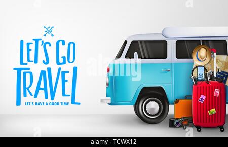 3D Travel Around the World Banner with Realistic Travelling Van Car and Items Like Luggage Bag, Suitcase, Camera, Binoculars, Map, Magnifying Glass, Stock Vector