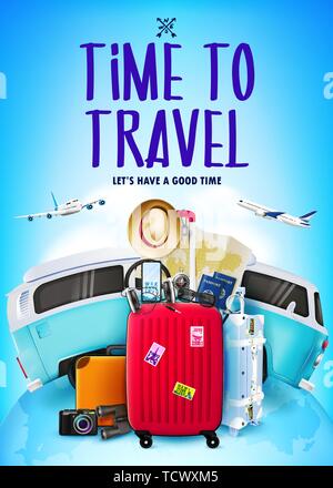 Travel or Tourism Poster in Blue Background with 3D Realistic Traveling Bag, Car, Airplanes and other Travel Item Elements on Top of the Globe wit Map Stock Vector