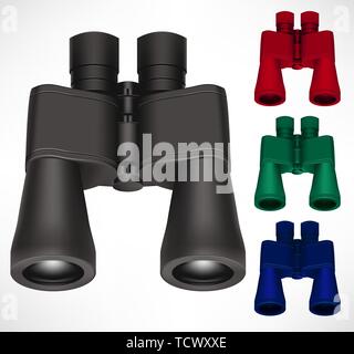 Binoculars Different Color Set 3D Realistic Design In Isolated Background For Traveler and Tourist Use to Look and Find Far Away Objects. Vector Stock Vector