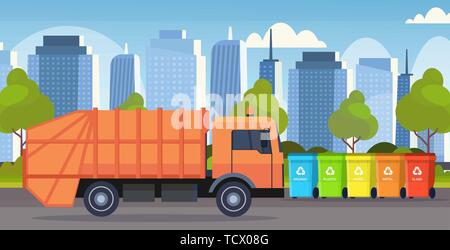 orange garbage truck urban sanitary vehicle loading recycling bins segregate waste sorting management concept modern cityscape background flat Stock Vector