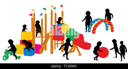 Children silhouettes at the playground, vector illustration Stock Vector