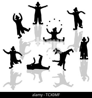 Performing clowns silhouettes over white background Stock Vector