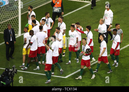 Portugal's Cristiano Ronaldo (bottom centre right) celebrates with the Nations League Trophy and team-mates after the Nations League Final at Estadio do Dragao, Porto. Stock Photo