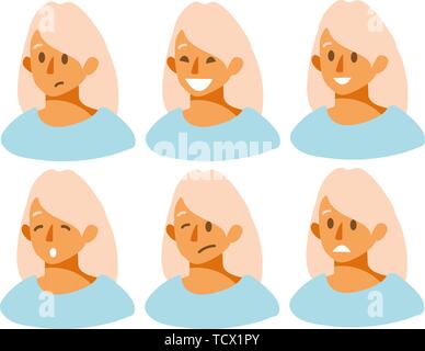 Set of woman s emotions. Facial expression. Beautiful girl emoji with a variety of facial expressions. Girl Avatar. Vector illustration of a flat design. Stock Vector