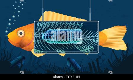 Gold fish behind an X-ray screen showing a plastic bottle inside the fish's stomach in a blue underwater background contaminated with bottles Stock Vector