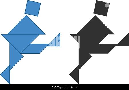 Running man Tangram. Traditional Chinese dissection puzzle, seven tiling pieces - geometric shapes: triangles, square rhombus , parallelogram. Stock Vector