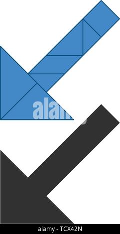 Arrow left down Tangram. Traditional Chinese dissection puzzle, seven tiling pieces - geometric shapes: triangles, square rhombus , parallelogram. Boa Stock Vector