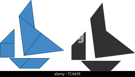 Boat Tangram. Traditional Chinese dissection puzzle, seven tiling pieces - geometric shapes: triangles, square rhombus , parallelogram. Board game for Stock Vector