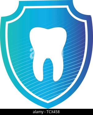 Clean and strong white tooth in protection shield with glittering bright aura protection light element on blue background vector illutration eps10 Stock Vector