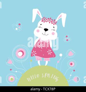 Easter theme with cute bunny and butterflies flying above grass and flowers, nature background with lettering Hello spring, illustration. Stock Vector