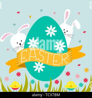 Easter greeting card with eggs, flowers, bunnies and lettering Easter. Vector illustration. Stock Vector