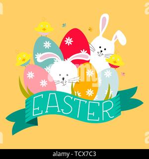 Easter greeting card with eggs, flowers, bunnies and lettering Easter. Vector illustration. Stock Vector