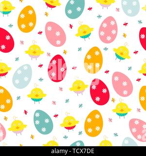 Easter seamless pattern with eggs, flowers, chickens. Vector illustration. Stock Vector