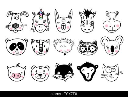 Hand drawn animals, simple design. Set of cute doodle. Can be used for school books and drawing poster, T-shirt Print and cartoon character. Stock Vector