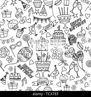 Happy birthday party seamless patterns. Vector illustration of doodle Happy birthday elements for backgrounds, wrapping, wallpapers, greeting cards, t Stock Vector