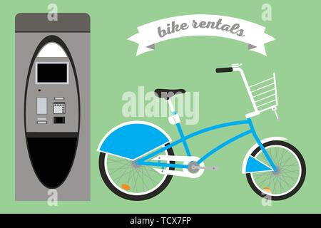Rental bikes. Vector set of illustrations in the flat style with a bikeы and terminal. Stock Vector