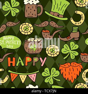 St Patrick's Day hand drawn doodle seamless pattern, with leprechaun hat, pot of gold coins, beer, clover, horseshoe, beard, mustache. Stock Vector