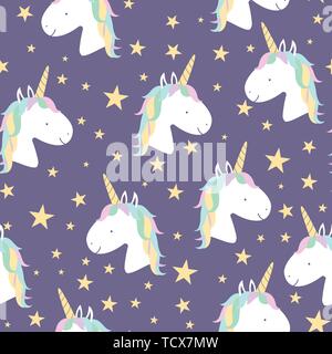 Vector seamless pattern with mugical unicorns. Horse head. Design for wallpaper, phone case, poster, t-shirt, mug, child books etc. Stock Vector