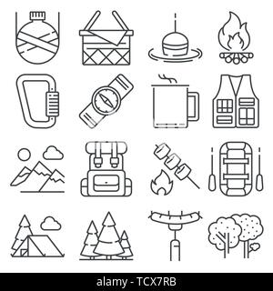Line Camping and outdoor recreation icons set on white background Stock Vector