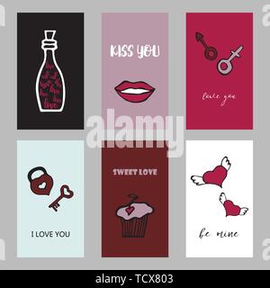 Valentines day set cards. Calligraphy, lettering and hand drawn design elements. Stock Vector