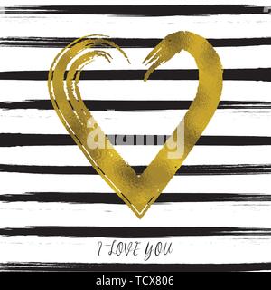 Valentine card with gold heart on black and white background. Stock Vector