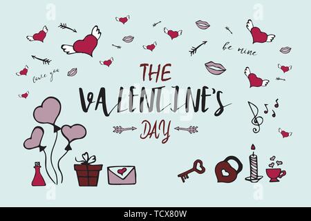 Valentine card with hand-drawn doodles elements. Vector illustration for your romantic design. Heart and l, lock and key, balloons and others symbols. Stock Vector