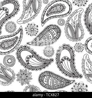 Seamless vintage pattern of beautiful paisley cucumbers and flowers on a white background. Turkish, Indian, Persian. Vector illustration. Stock Vector