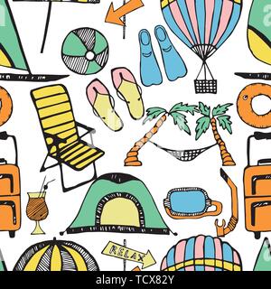 Doodle style, summer marine background. Seamless vector texture hand drawn. All elements are not cropped and hidden under mask. Stock Vector