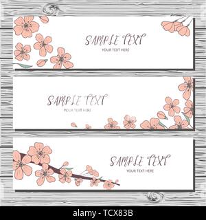 Set of three horizontal card with hand-drawn sakura branch and sakura flowers on white background. Spring time banners. Stock Vector