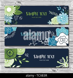 Set of three horizontal card with hand-drawn flowers and leaves on white background. Spring time banners. Stock Vector