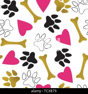 Seamless pattern of paws, hearts and bones.Vector illustration. Stock Vector