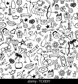 Love symbols Seamless pattern. Hand drawn doodles Vector illustration. Happy Valentine's day. Stock Vector