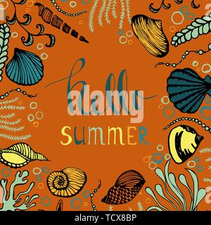 Hello summer. Square frame from hand drawn sea shells and seaweed. Stock Vector