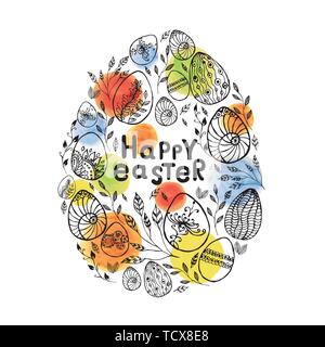 Easter card with doodle eggs, leaves and watercolor dots . Happy Easter Egg lettering on white background. Vector illustration EPS10 Stock Vector