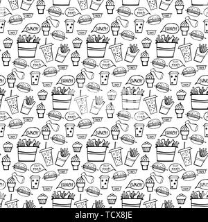 Cartoon cute hand drawn Fast food seamless pattern.Sketch backdrop with fastfood symbols and items. Burger, dessert, cola, french fries, sauce. Stock Vector