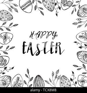 Easter frame with easter eggs hand drawn black on white background. Decorative frame from eggs. Stock Vector