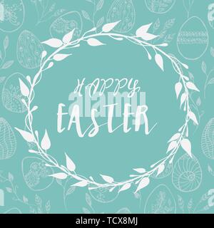 Easter card with eggs hand drawn. Happy Easter Egg lettering on seamless background. Vector illustration EPS10 Stock Vector
