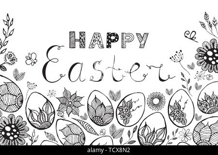 Easter card with easter eggs hand drawn black on white background. Decorative frame from eggs. Stock Vector