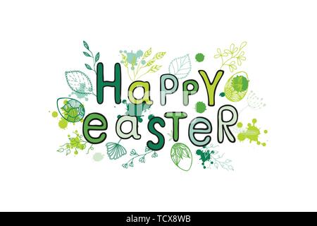 Colorful Happy Easter greeting card with leafs, eggs and blots elements composition. Stock Vector