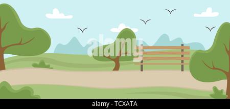 Park with trees, treadmill, and bench. Nature in the metropolis. Summer landscape. Flat vector illustration Stock Vector