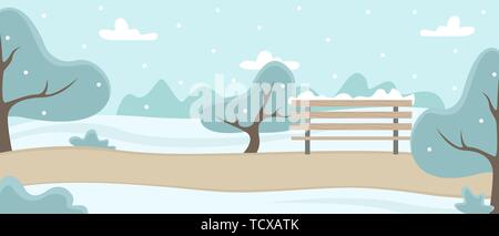 Park with trees, treadmill and bench. Nature in the metropolis. Winter landscape. Flat vector illustration Stock Vector