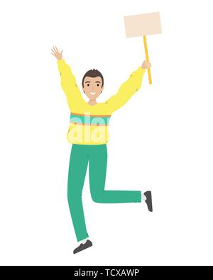 The lucky guy jumps with a sign in his hand. Success. Support group.  Flat vector illustration Stock Vector