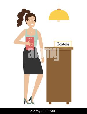 Girl hostess with a badge at the stand in the restaurant with a menu in his hands. Flat vector illustration Stock Vector