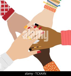 Hands of diverse group of people putting together. Concept of togetherness and teamwork. Girl hands with jewelry. White background. Stock Vector