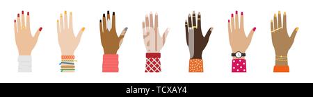 Set of female hands of different races with rings, bracelets, watches and manicure. Flat vector illustration Stock Vector