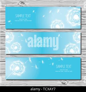 Set of three horizontal card with dandelions and dandelion seeds on white background. Stock Vector