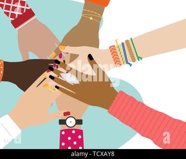 Concept of team work. Friends with stack of hands showing unity and teamwork, top view. People putting their hands together. Vector illustration. Stock Vector
