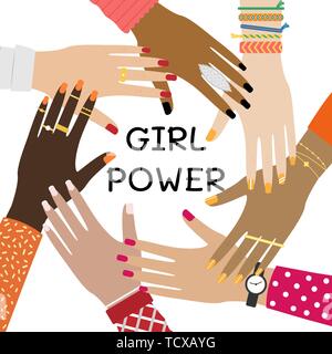 Hands of a diverse group of people putting together. Concept of togetherness and teamwork. Girl power. Stock Vector